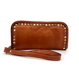 Bolsa Nova Sofia Zip Around Cognac Handwashed Italian Leather Studded Wristlet